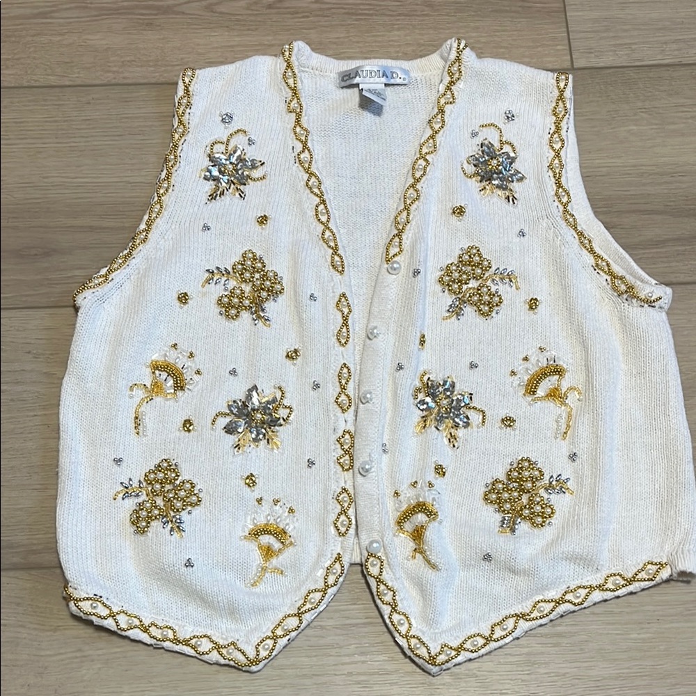 VTG Claudia D White and Gold Beaded Floral Embroidered White Gold Vest Large